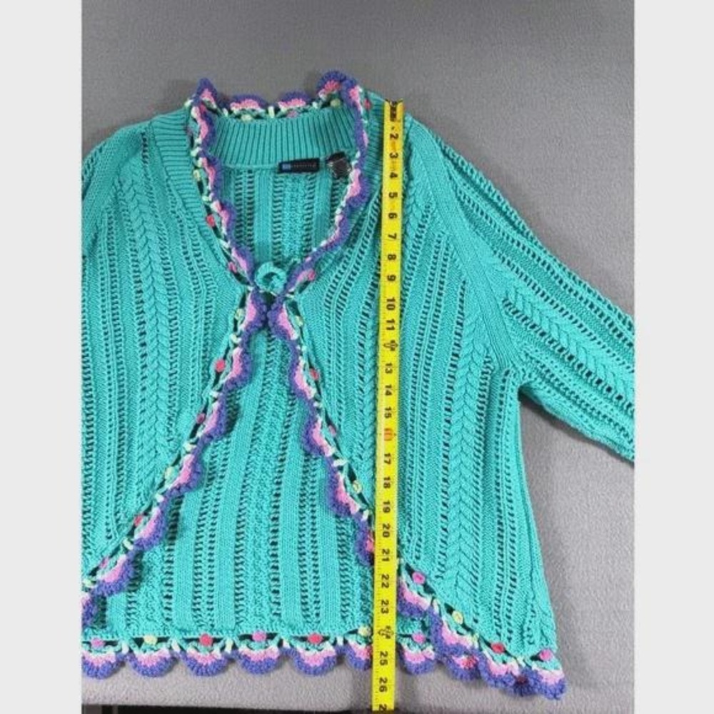 Relativity Teal Crochet Knit Cardigan Open Front Boho Tie Sweater Cottagecore - Picture 6 of 8